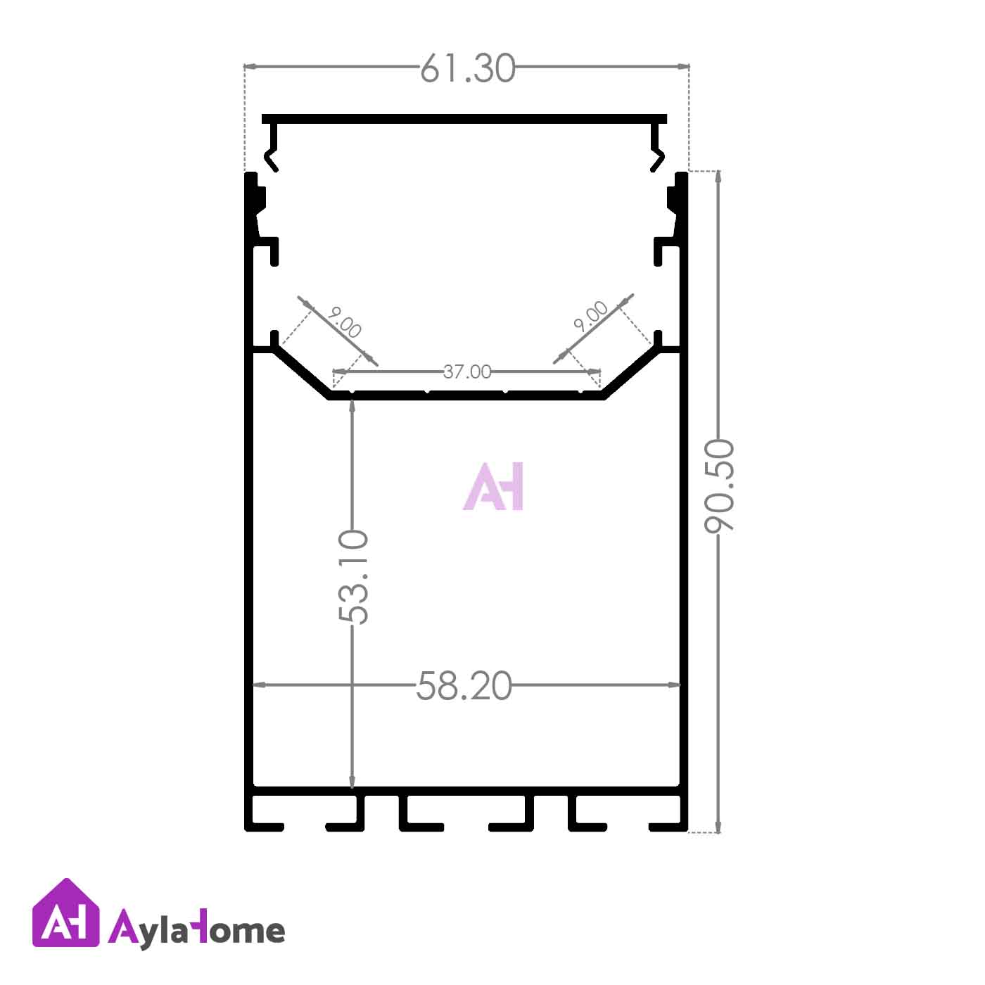 پروفیل نور خطی آلومینیومی 60 × 90 کد L69B مشکی (شاخه 3 متری)